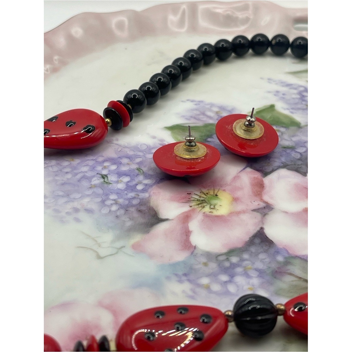 Vintage Red and Black Beaded Statement Necklace and Earrings Set