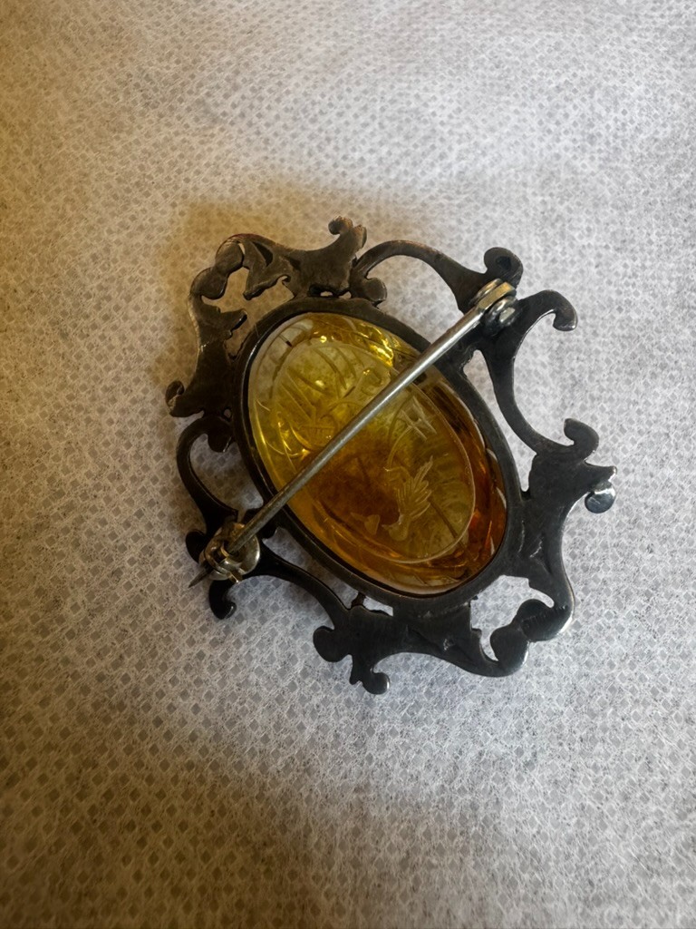 Amazing Art Deco Sterling Silver Scarab Design Citrine? Central Stone Pin Brooch