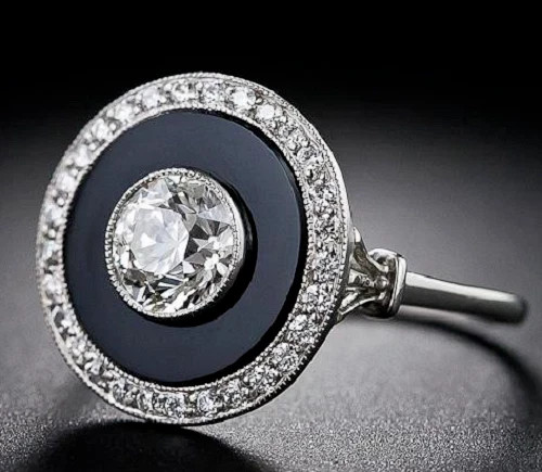 2.59Ct Art Deco Style Lab-Created Diamond & Onyx Engagement 925 Silver Ring