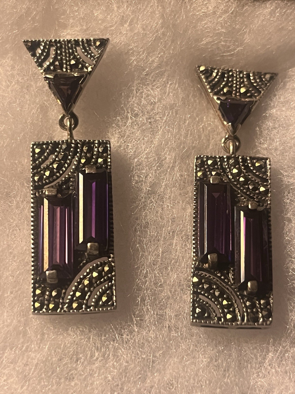 Vintage 925 Sterling Silver Art Deco Revival Amethyst Marcasite Drop Earrings TH