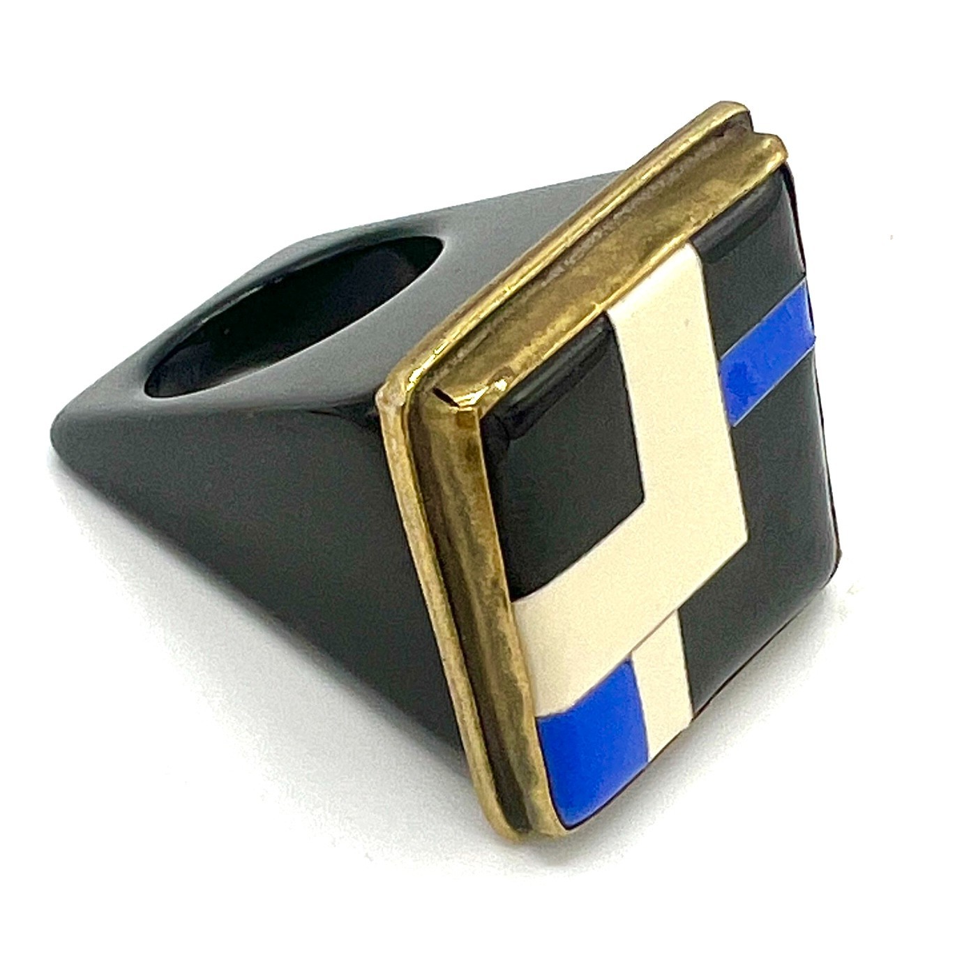 Modernist Geometric Resin Ring Black Enamel Metal Frame