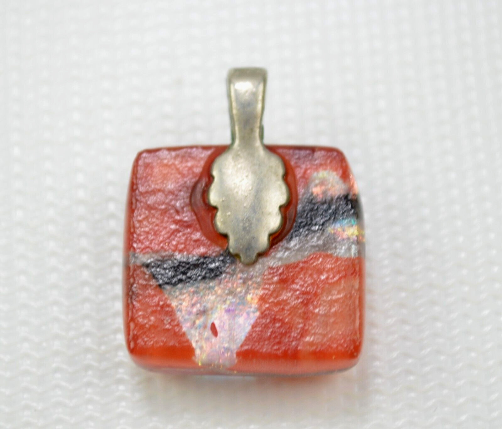 Vintage Pendant .75″ x .75″ Clear Red Black & Gold W/ Silver Toned Bail