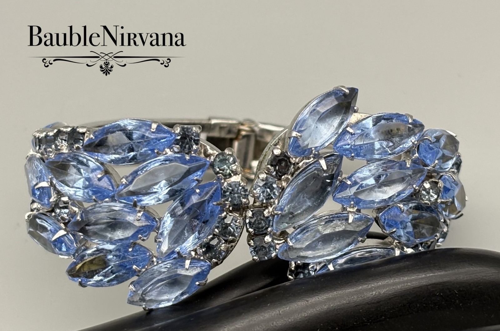 Vintage Icy Blue Prong Set Glass Stones Hinged Extra Wide Cuff Bracelet