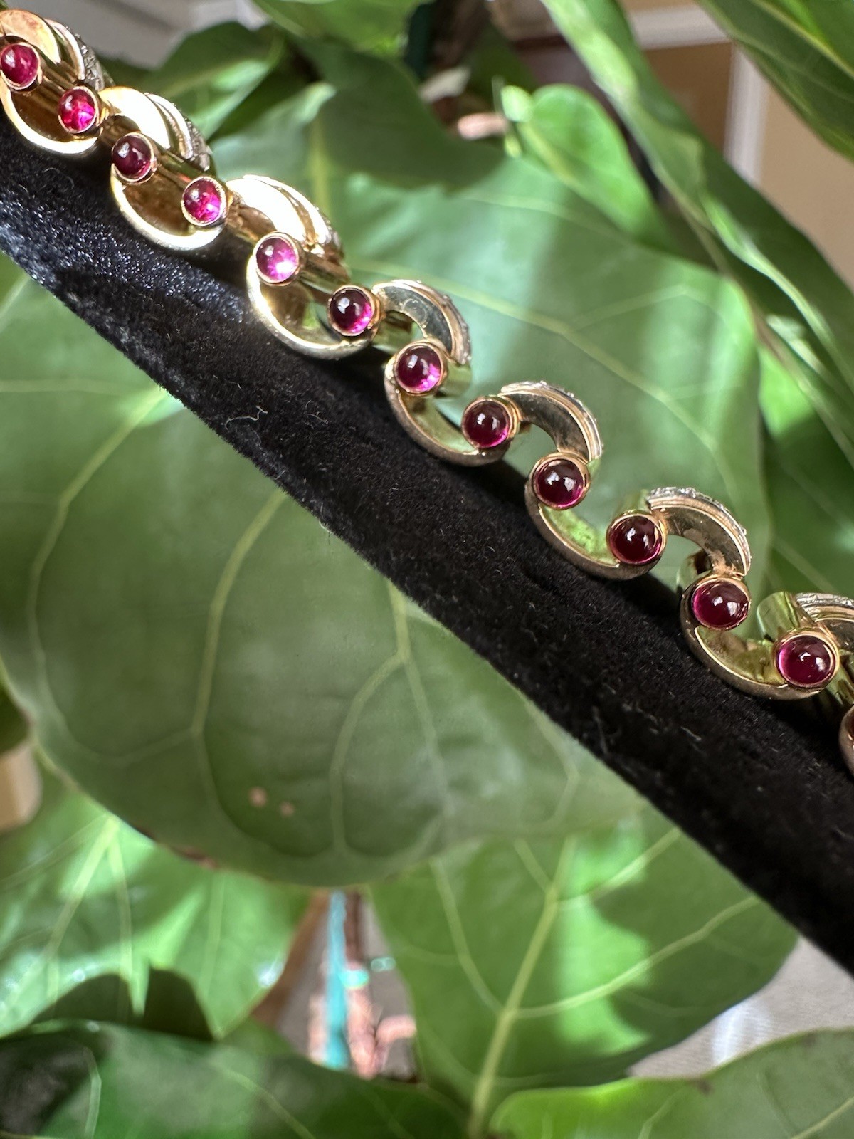 Signed J. Roca Retro Diamond & Cabochon Ruby Bracelet – 18k Rose Gold