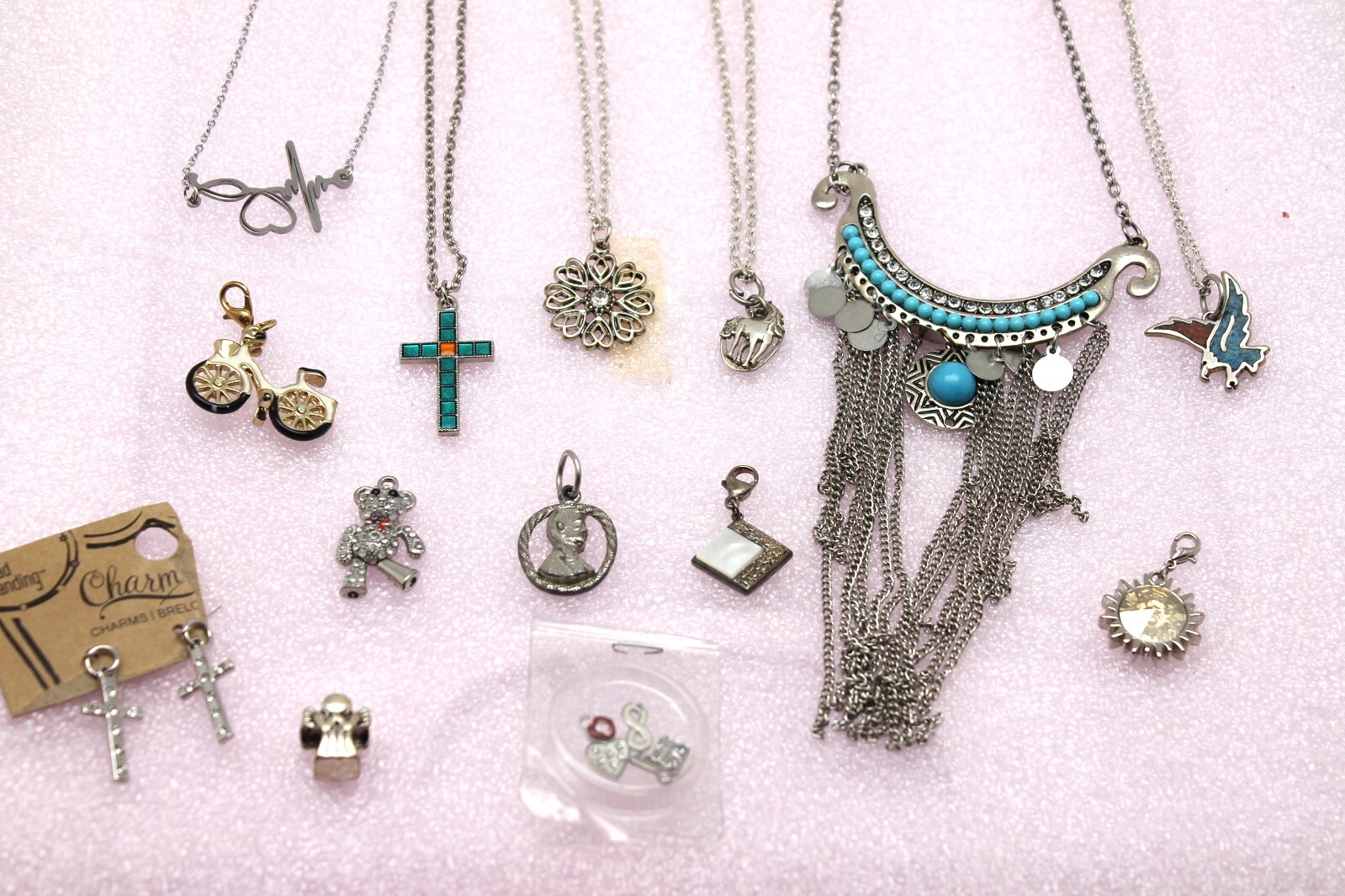 Lot Of 14 Different Size Necklaces Chains Silver Tone Pendants Earrings