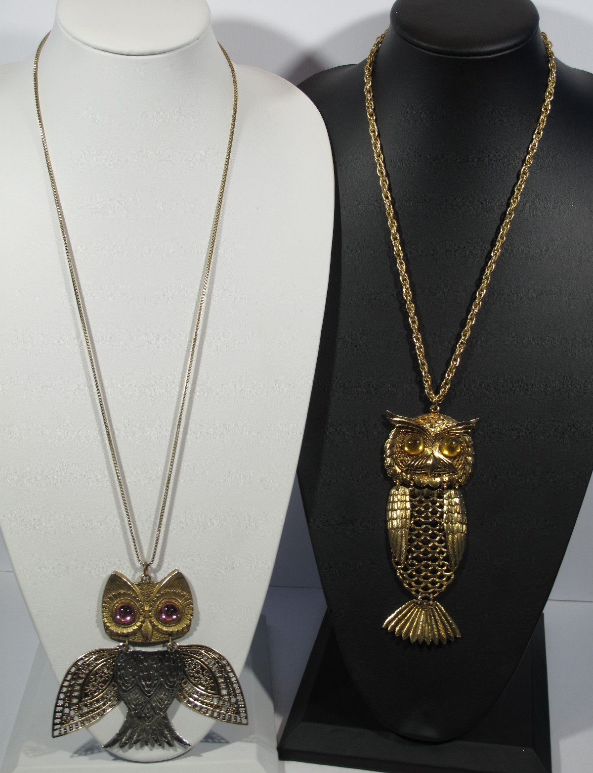 Lot of 2 VTG Owl Necklace Gold~Silver Tone~Pink~Amber Eyes~24″-30″ Chain-64-108g