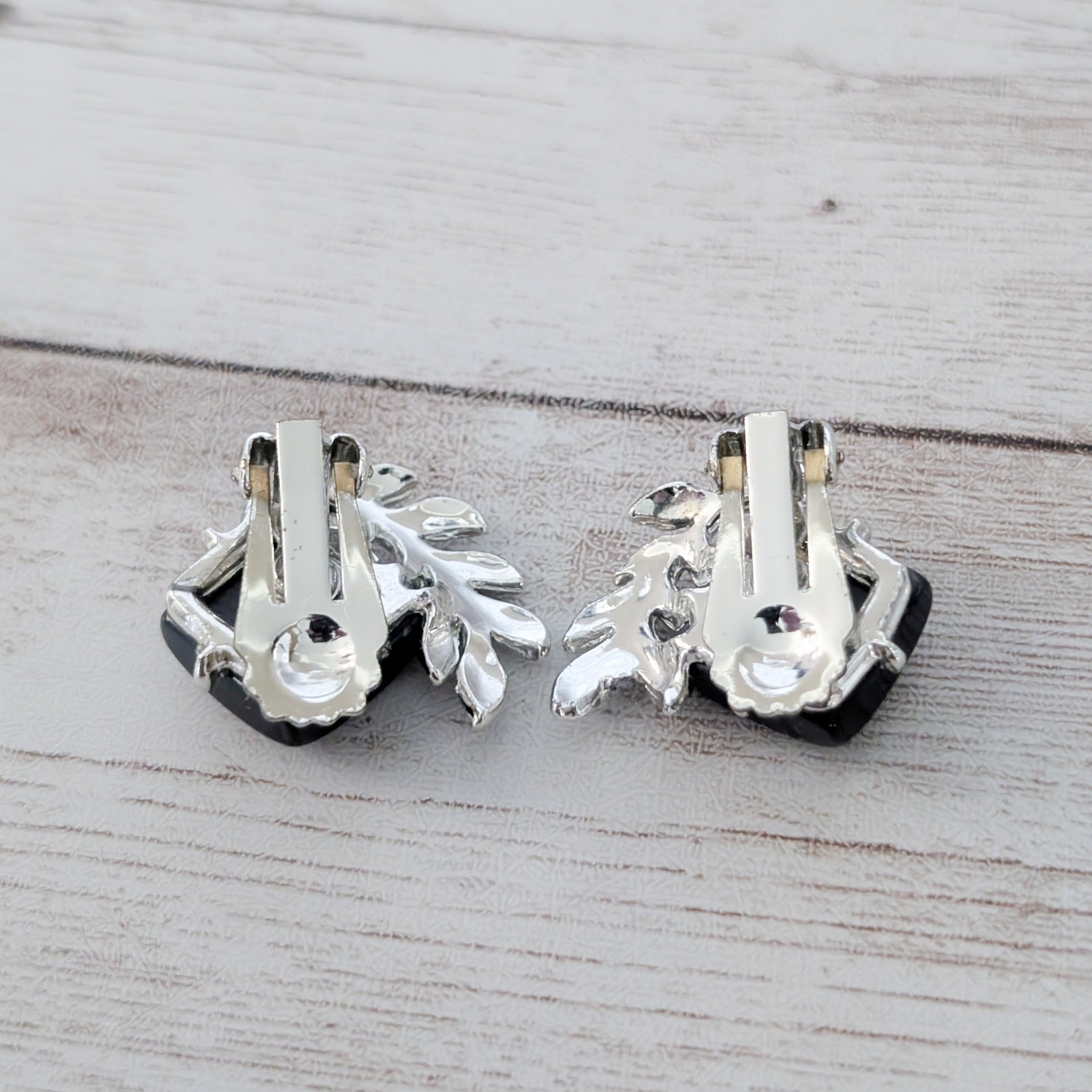 Vintage Clip On Earrings Regal Black with Silver Tone Branch Statement