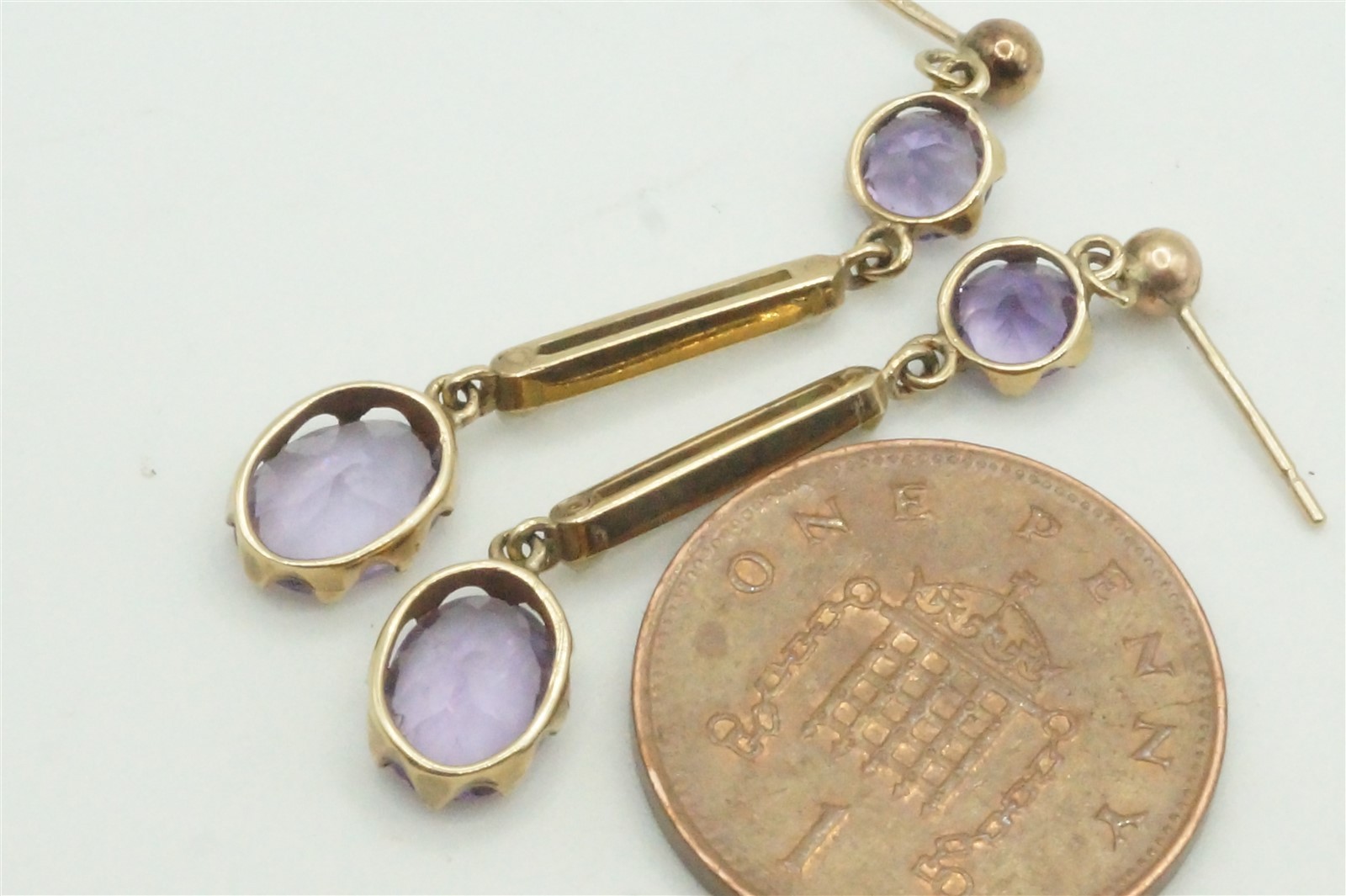 ANTIQUE ENGLISH 9 CARAT GOLD AMETHYST & PEARL DROP EARRINGS c1900