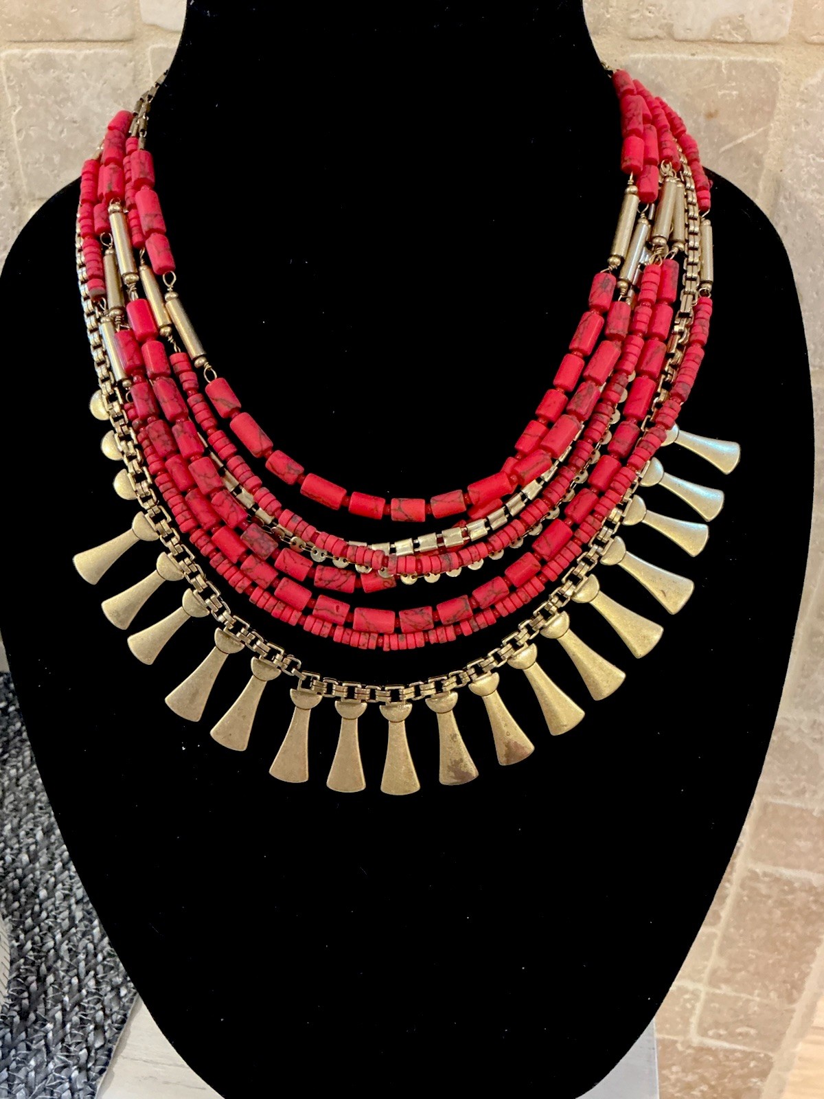 Stella & Dot Bliss Convertible Red, Antique Gold Tone Statement Necklace- GUC!