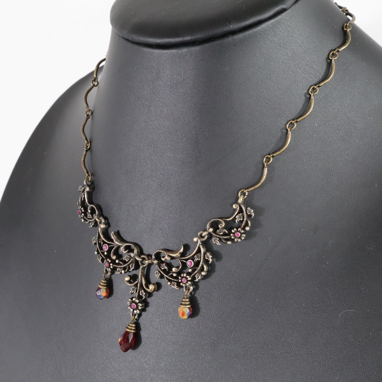 Vintage AVON Victorian Revival Floral Filigree Red AB Crystal Dangle Necklace