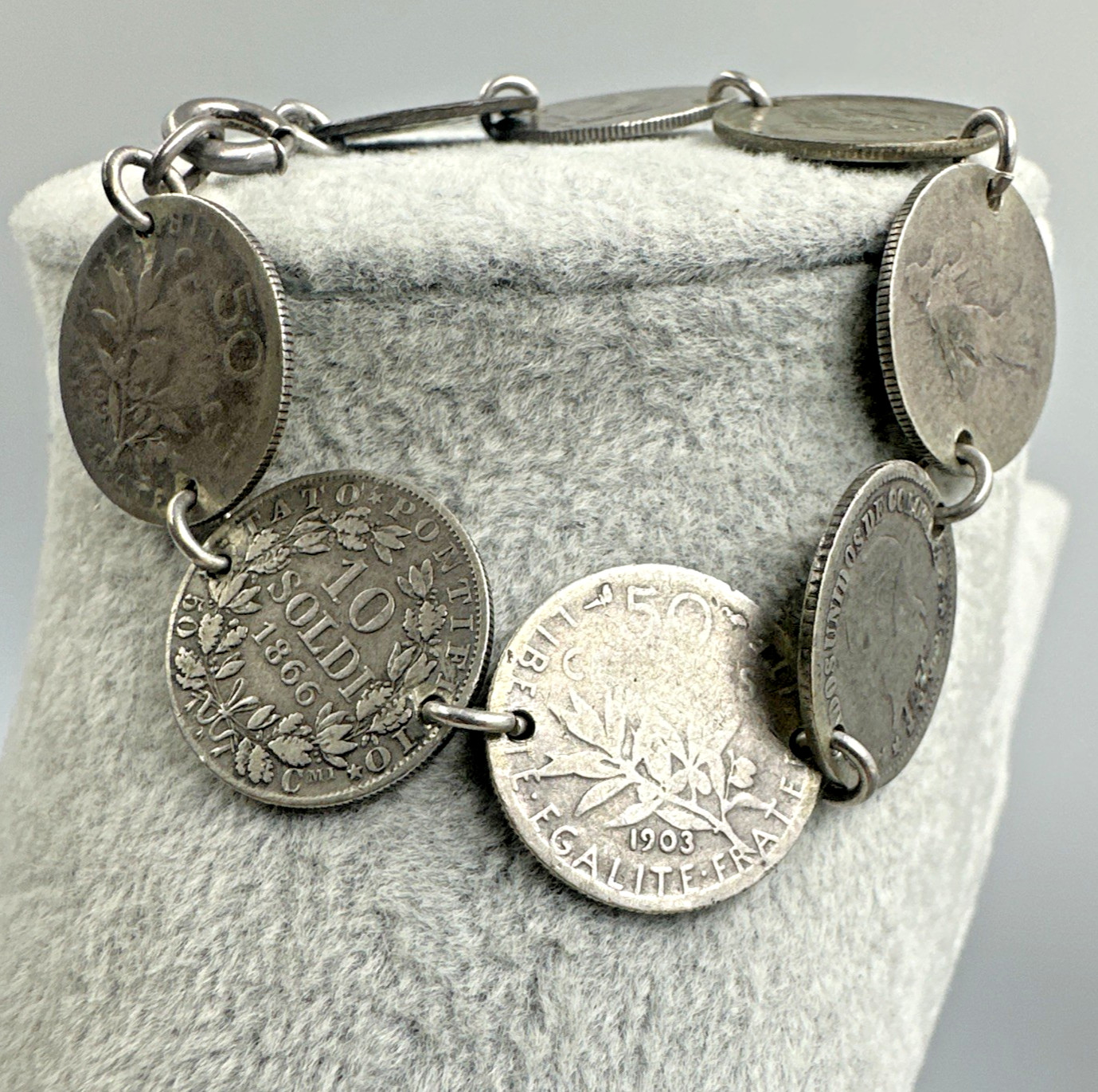 Antique Multinational Coin Link Silver Bracelet Years 1853 – 1903 19g Sz 6.25