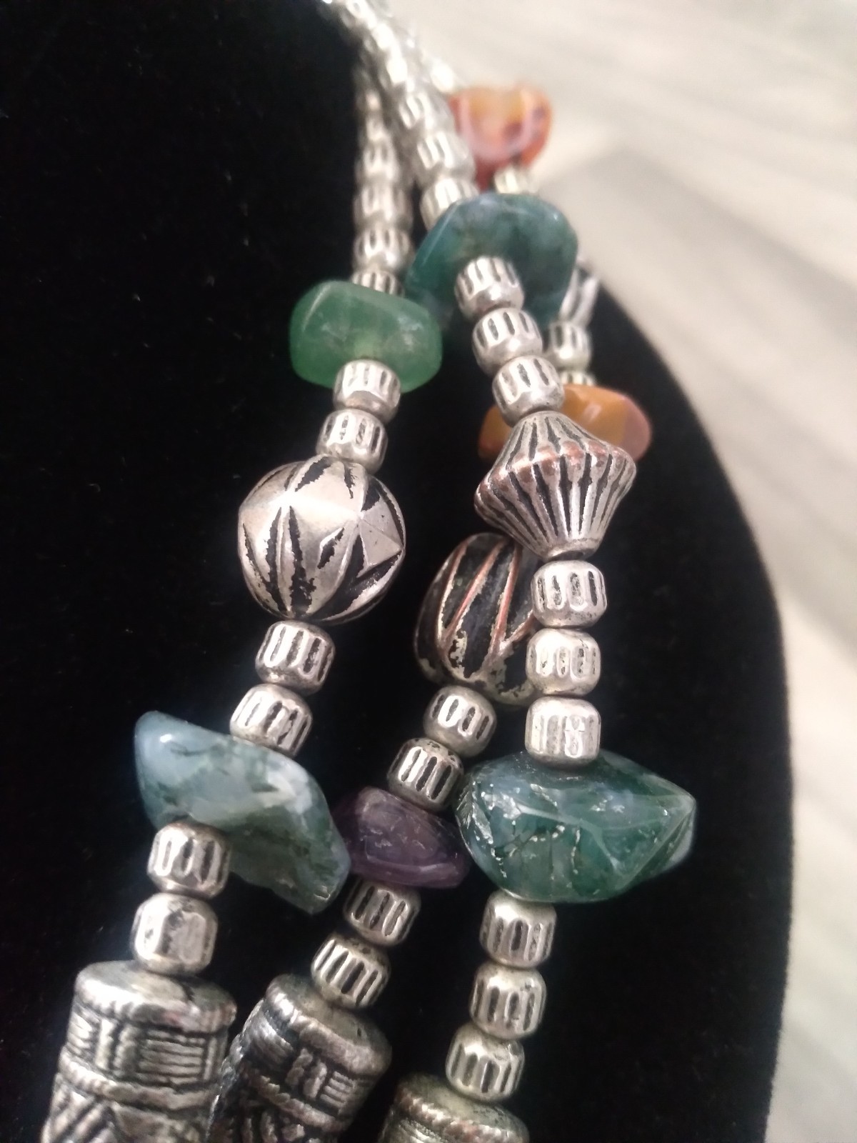 Vintage Silver Stone Necklace Beaded 3 Strand 18 inches