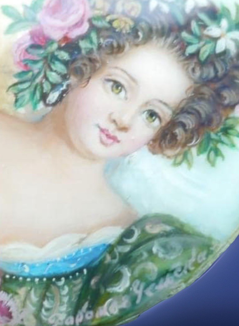 Vintage Gorgeous Hand Painted Lady Portrait on Mother of Pearl Signed Brooch