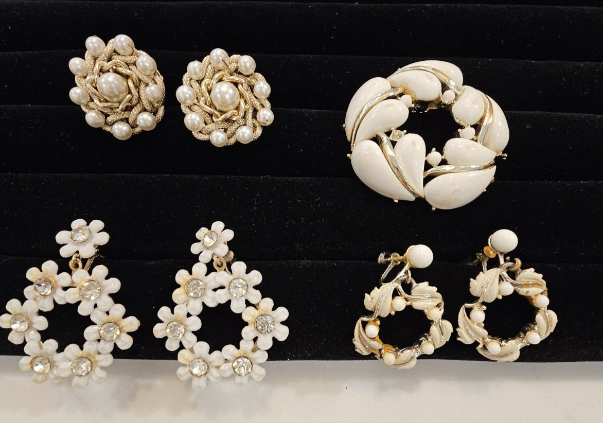 3 Pair of Clip or Screw Back Vintage Earrings and Brooch