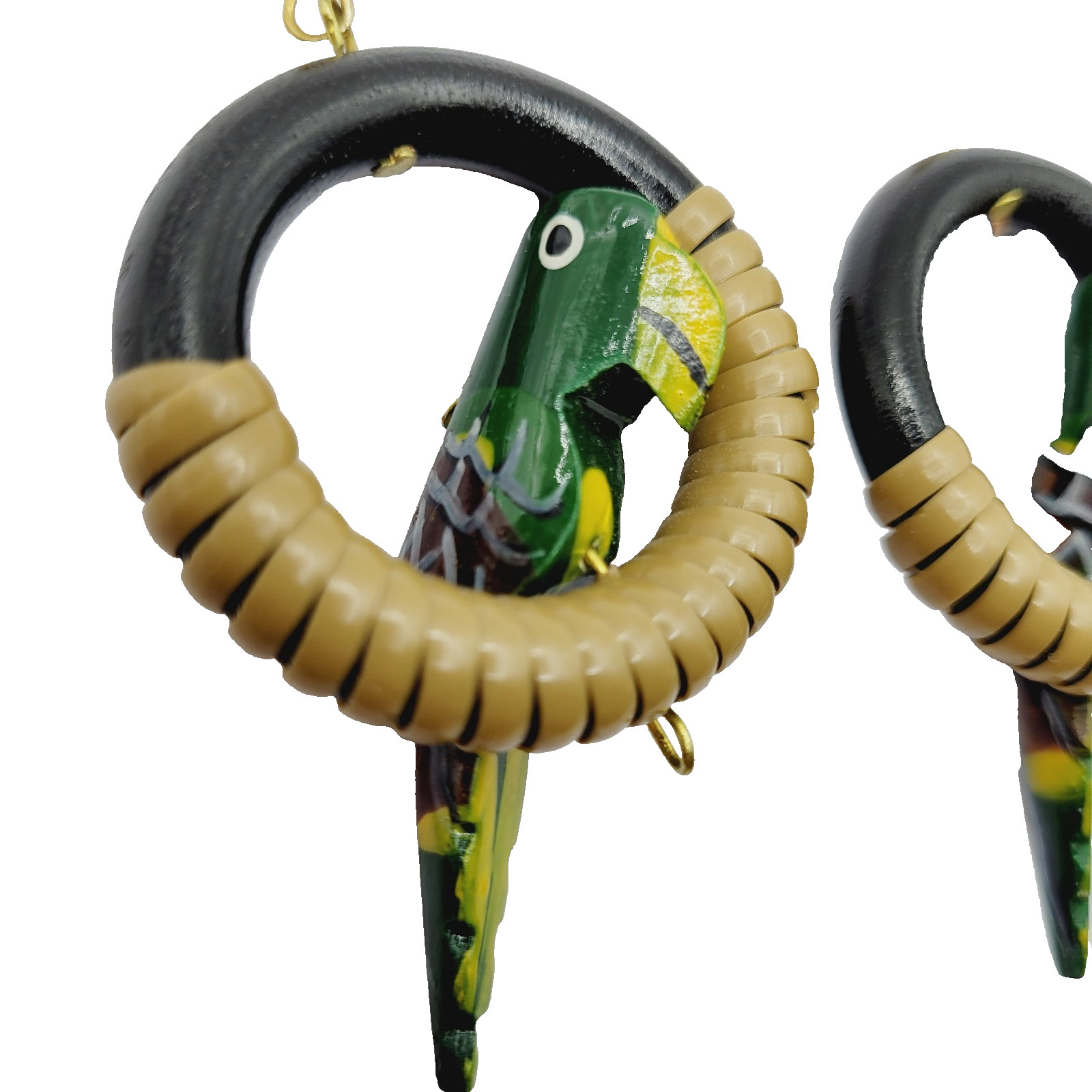 Parrot Macaw Tropical Hand Painted Carved Bird on Hoop Hook Pierced Vtg Earrings