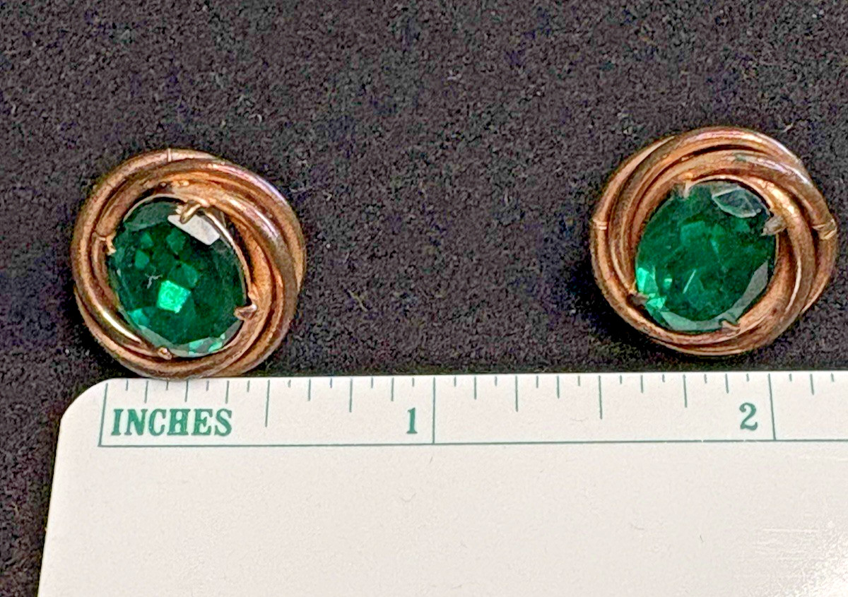 Vintage Green Rhinestone and Gold Tone Knot Screw Back Earrings ~ FREE Shipping