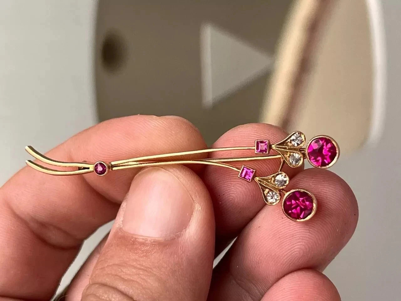 Vintage Soviet Solid Rose Gold Ruby Brooch 583 14K USSR Original 4.28 g