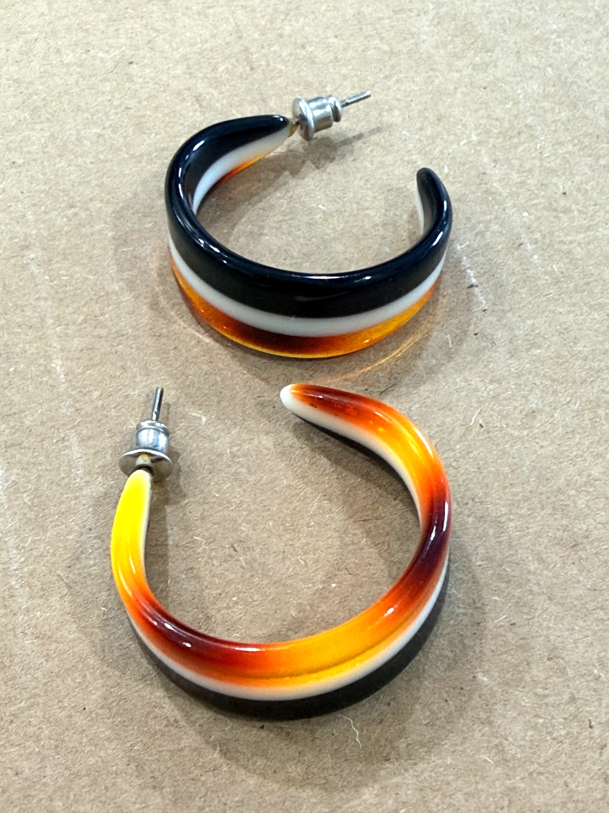 Lucite Colorful Striped Hoop Earrings Golden Yellow Orange White Brown Vintage