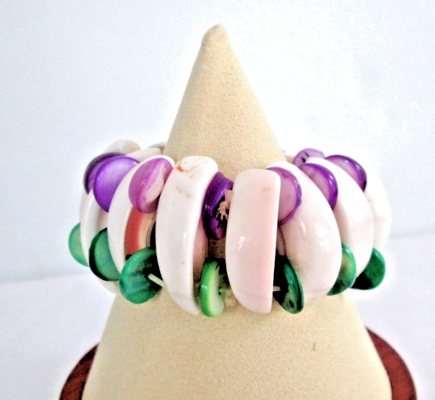 Genuine Shell Stretch Bracelet 7.5″ Chunky Beach White Purple Green Boho