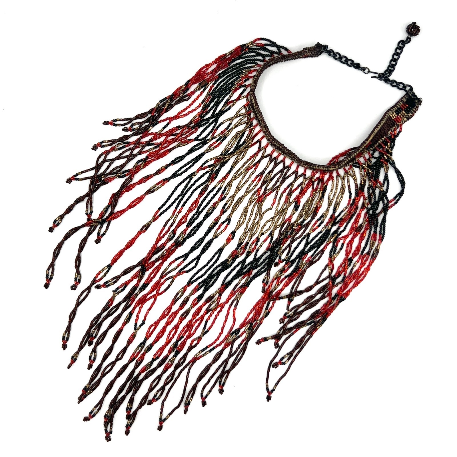 Vintage 1970s Exotic Beaded Fringe Necklace Red Black Gold Drippy Bib Statement