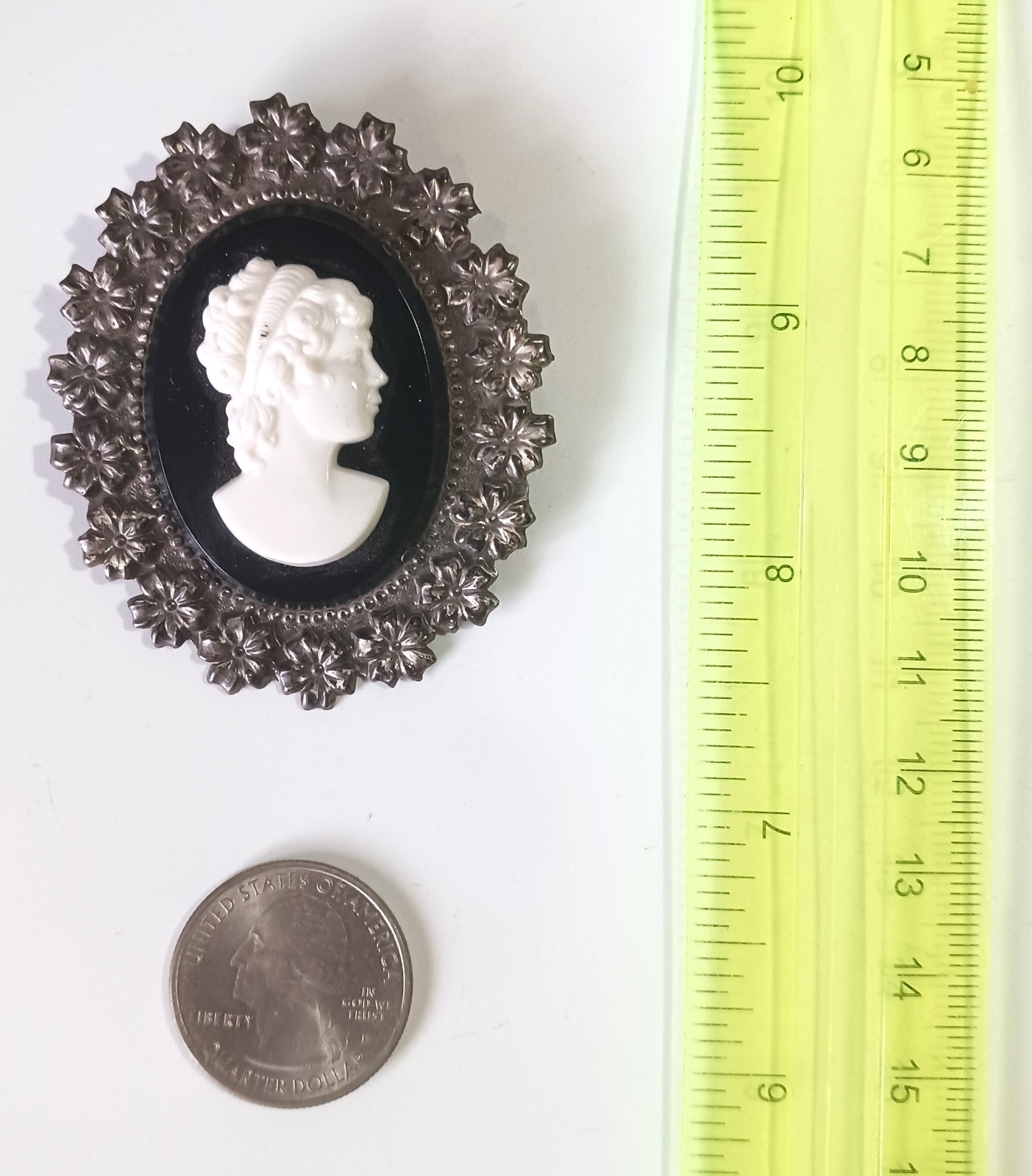 Vintage Celluloid Black, White & Silver Floral Cameo Portrait Brooch