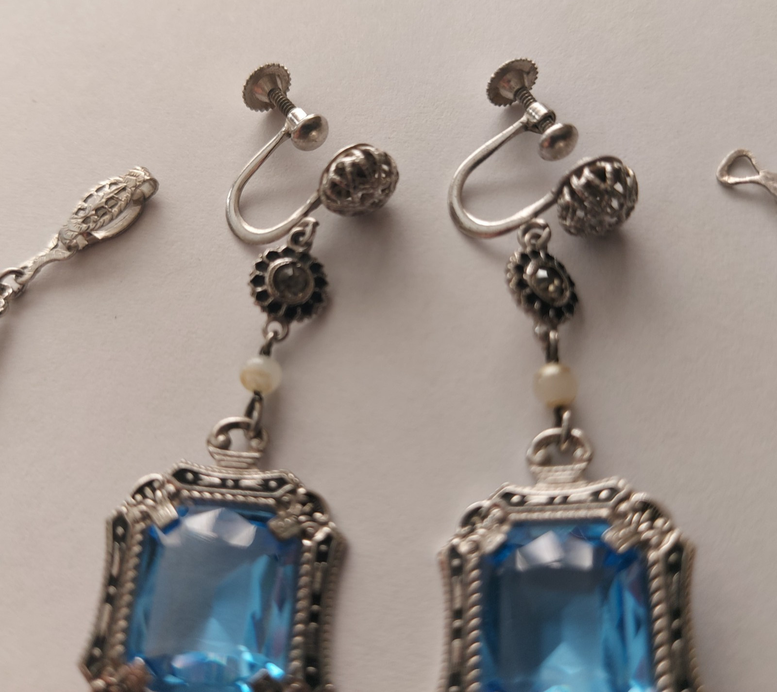 Antique Art Deco Blue Faceted Glass Ornate Filigree Bracelet & Earrings Set