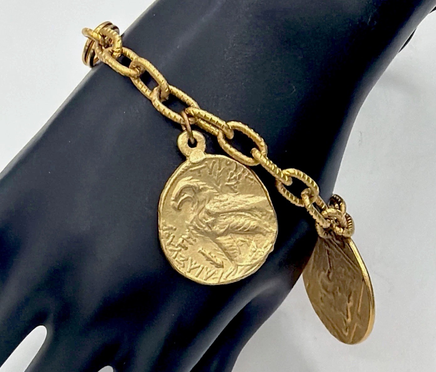 Vintage Gold Tone Coin Charm Bracelet • Ancient‑Style Medallions Textured Chain