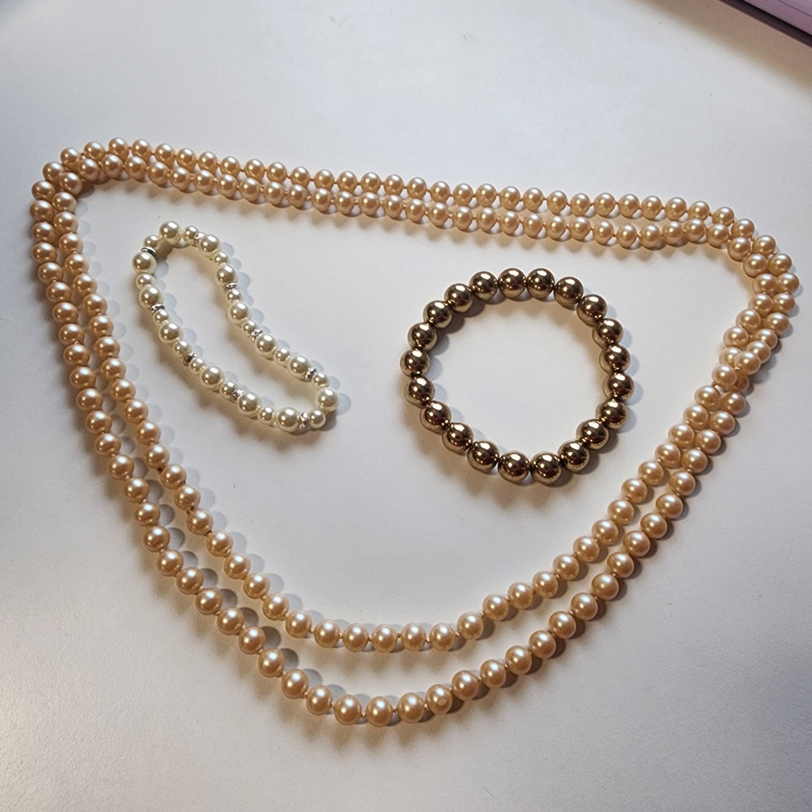 Lot Of 3 Vintage Faux Pearl / Beads Bracelets Necklace Choker Round Stretch