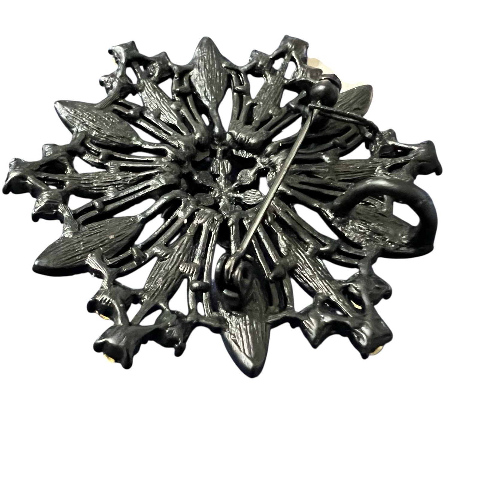 Vintage Black Spiral Starburst Metal Brooch/Pendant W/ Clear Sparkly Stones NWT
