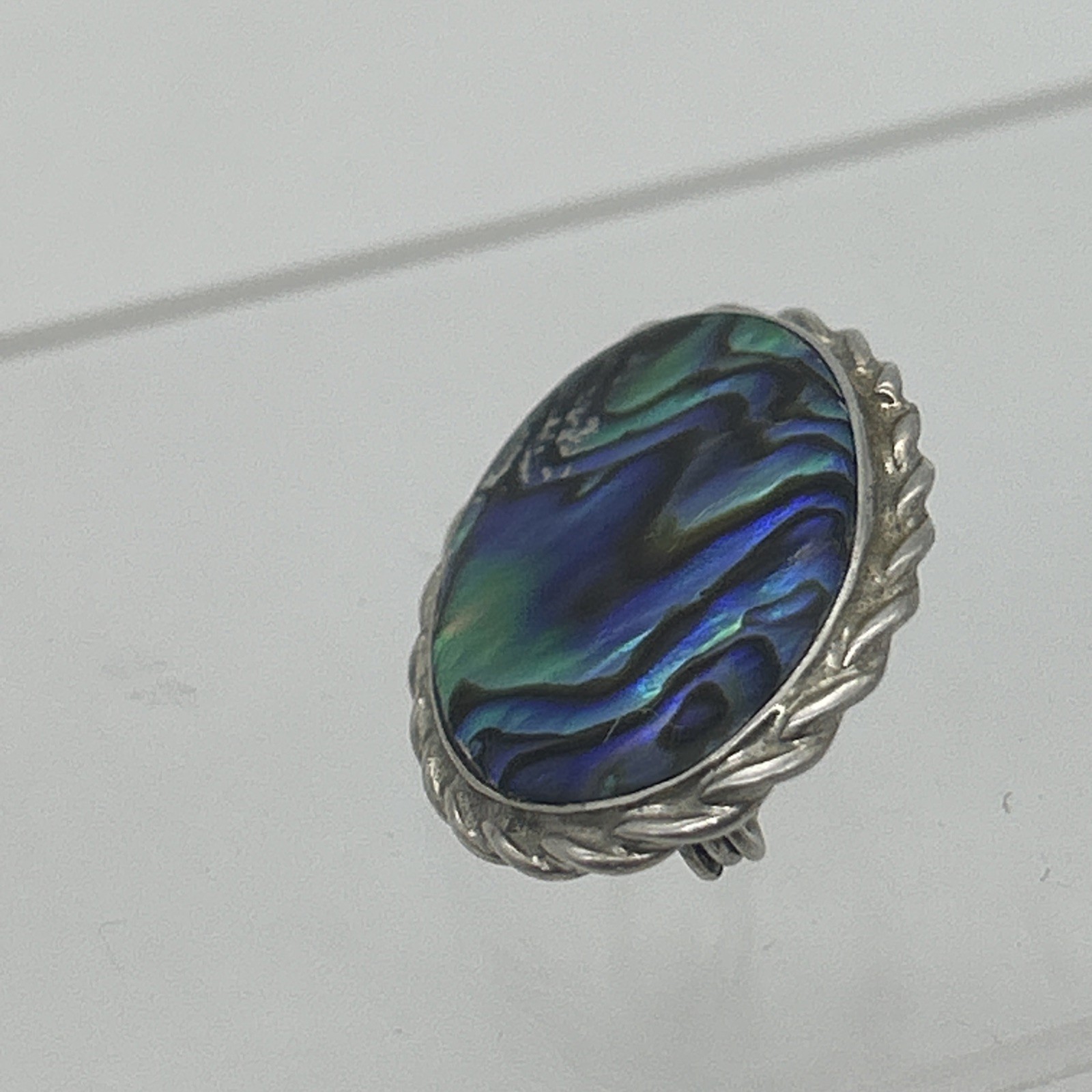 Vintage Paua Shell Sterling Silver Brooch 925 Oval Abalone Mother Of Pearl
