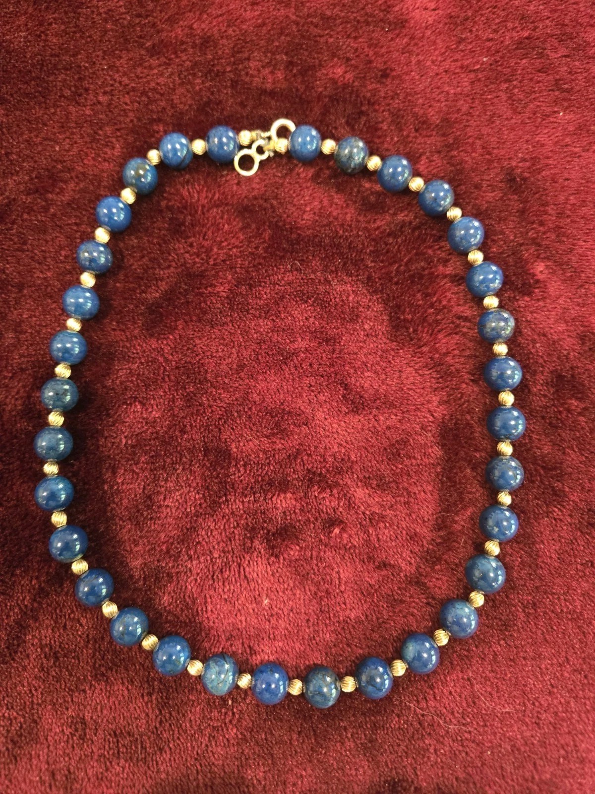 Vintage Lapis Lazuli + Gold Bead Necklace, 14k Clasp, 18″, 44g, Lovely Speckles!