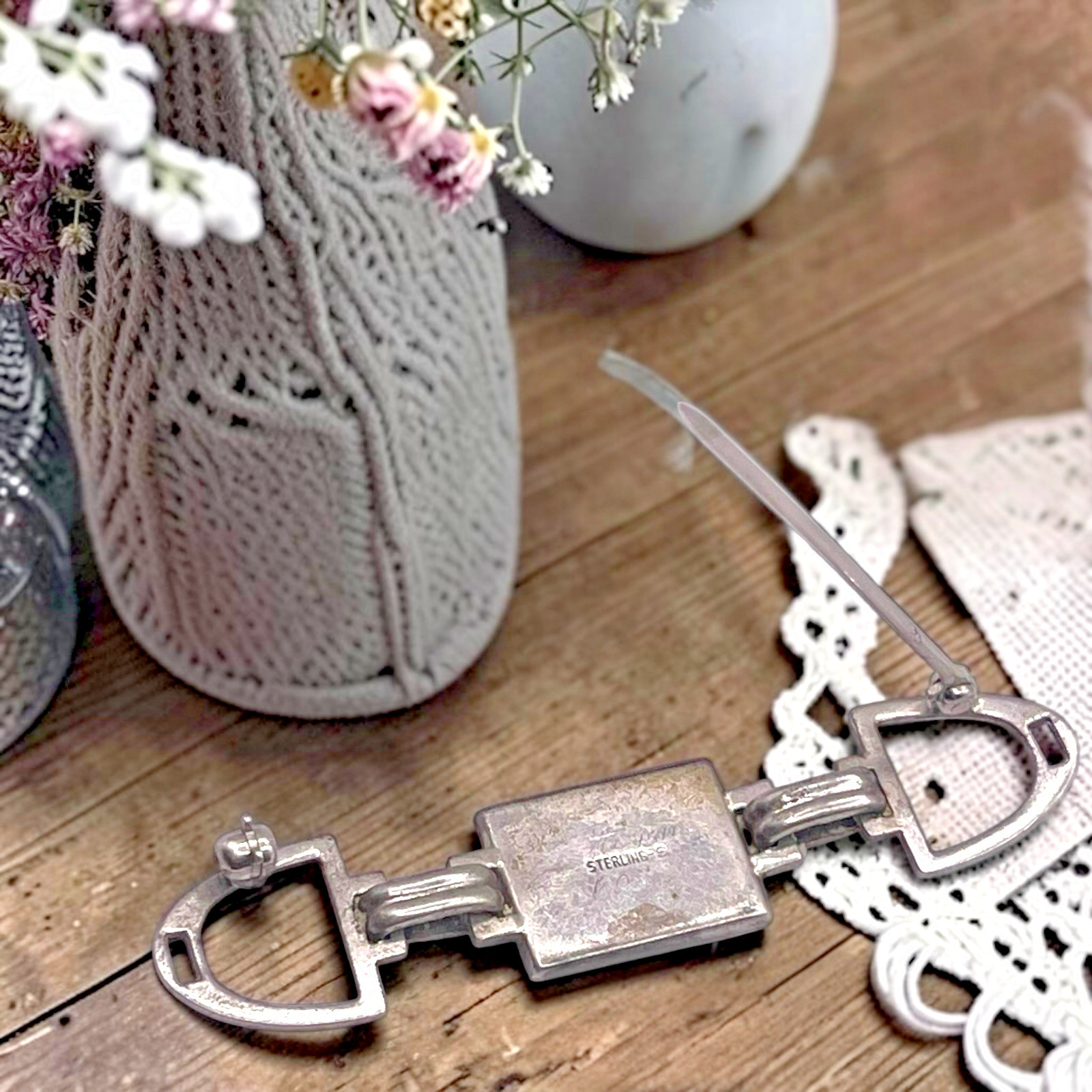 Vintage Horse Equestrian Mother of Pearl Stir-up Sterling Bar Brooch Pin, 2.25″