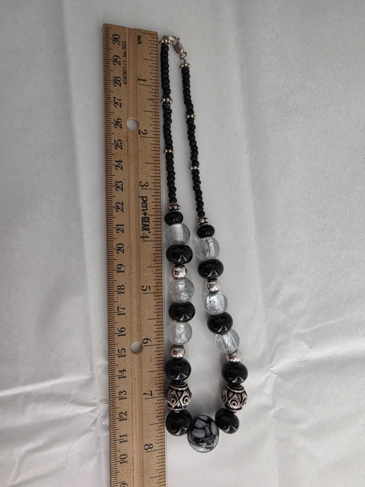 VTG Sterling Black Clear Glass Bead Necklace 60.97g