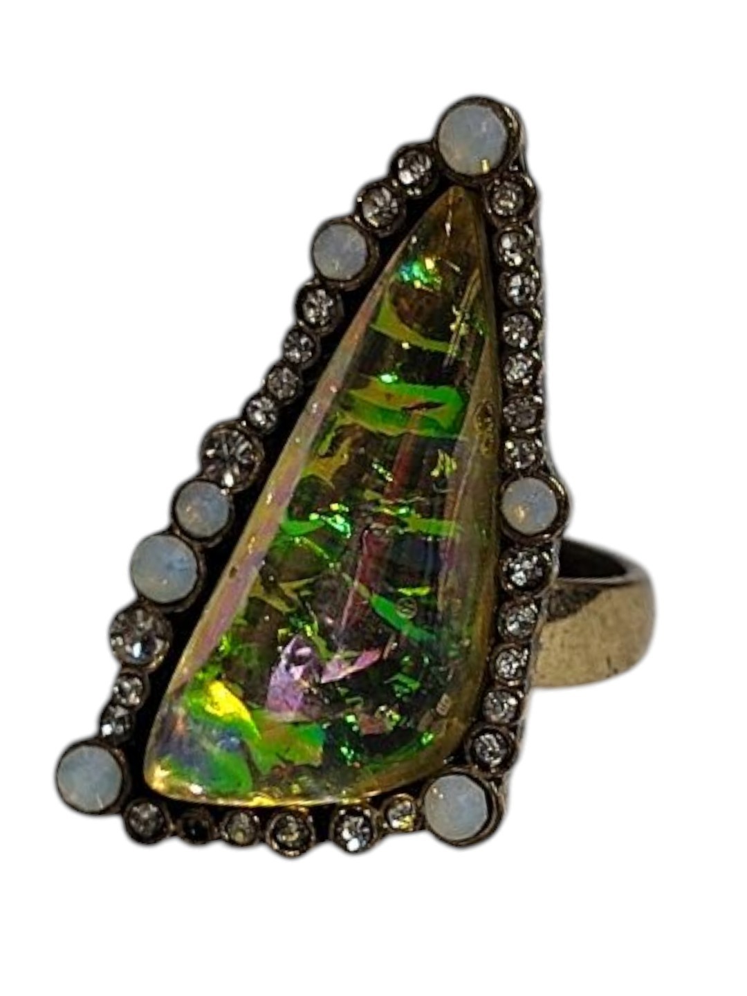 Vintage Fire Faux Opal Iridescent Triangle Blue/Black Gold Tone Ring 6.5