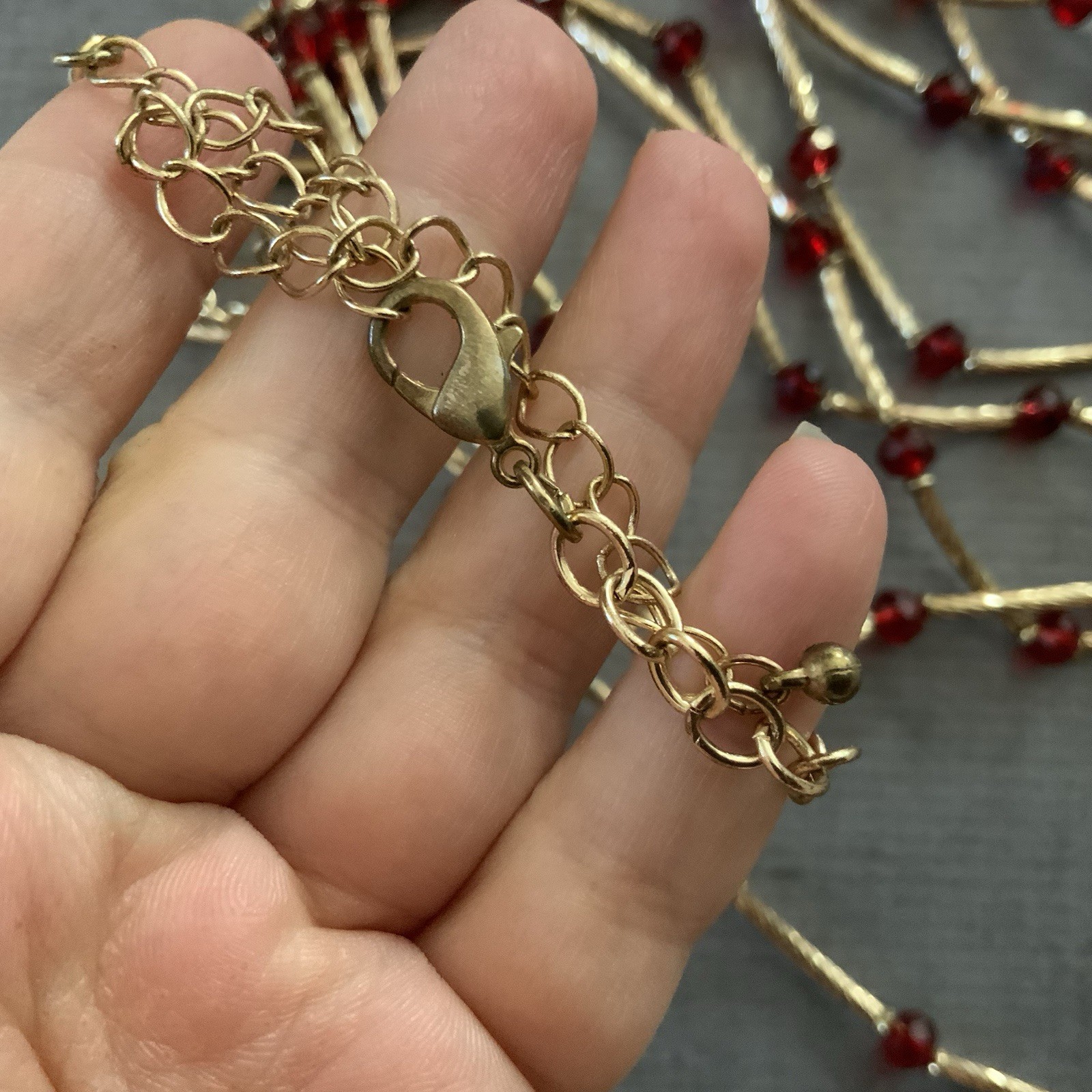 Vintage Red Bead Multi Strand Necklace Gold Tone Bar Link Layered