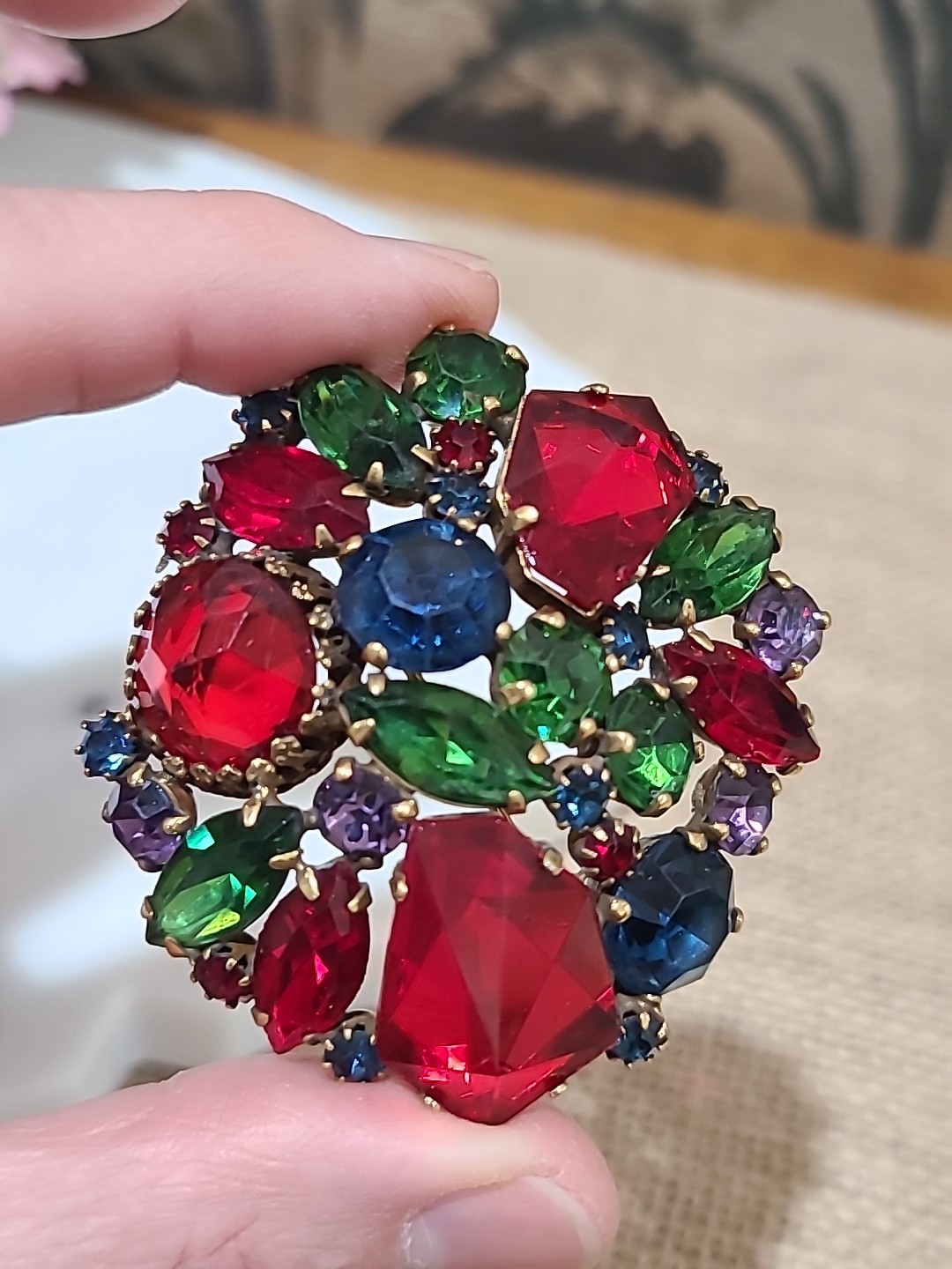 Vintage WEISS Green Red Multi Rhinestones Gold Tone Brooch Signed Estate Costume