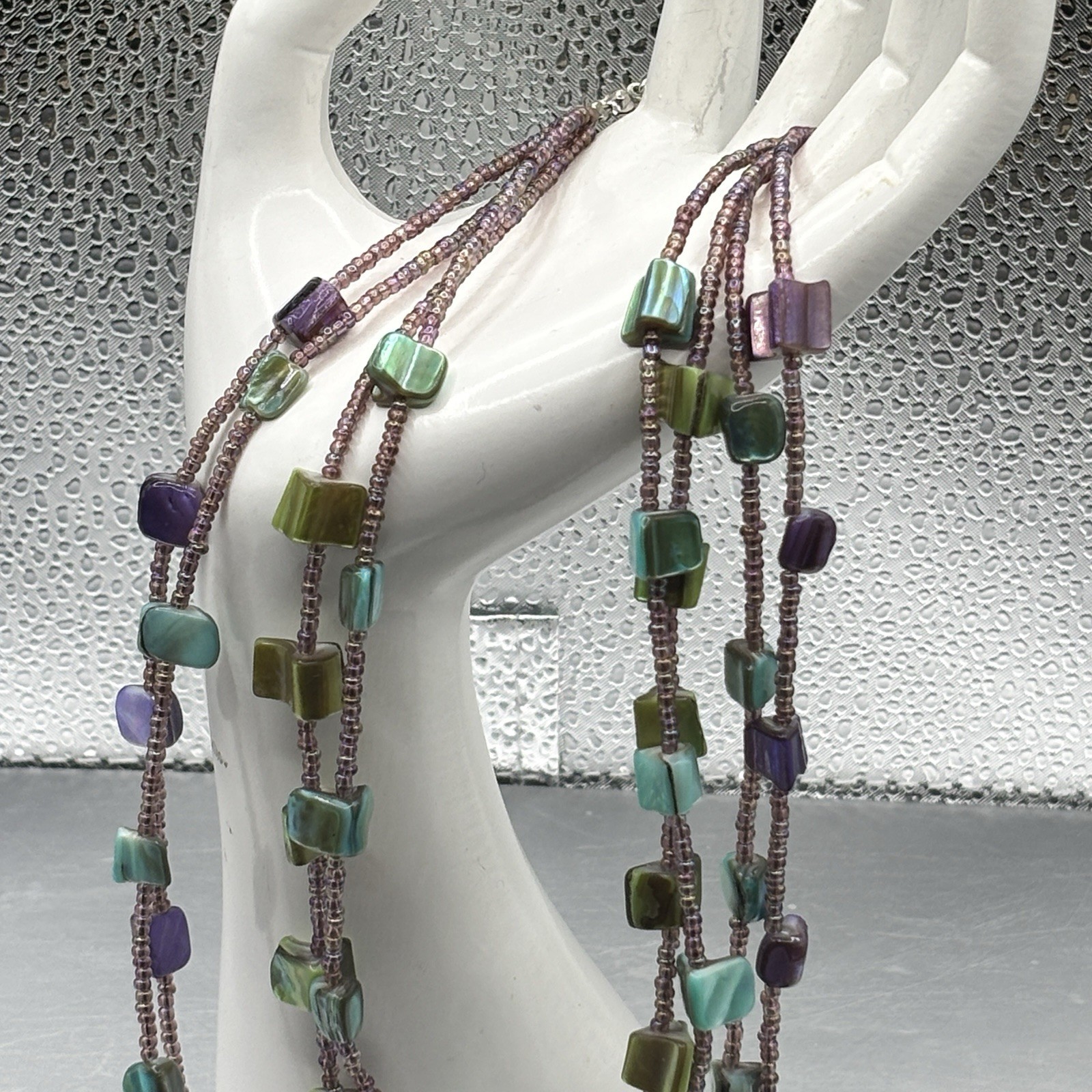 4-Strand Shell MOP Abalone Necklace Purple Blue & Seed Beads 15” + 2” Ext Jewels