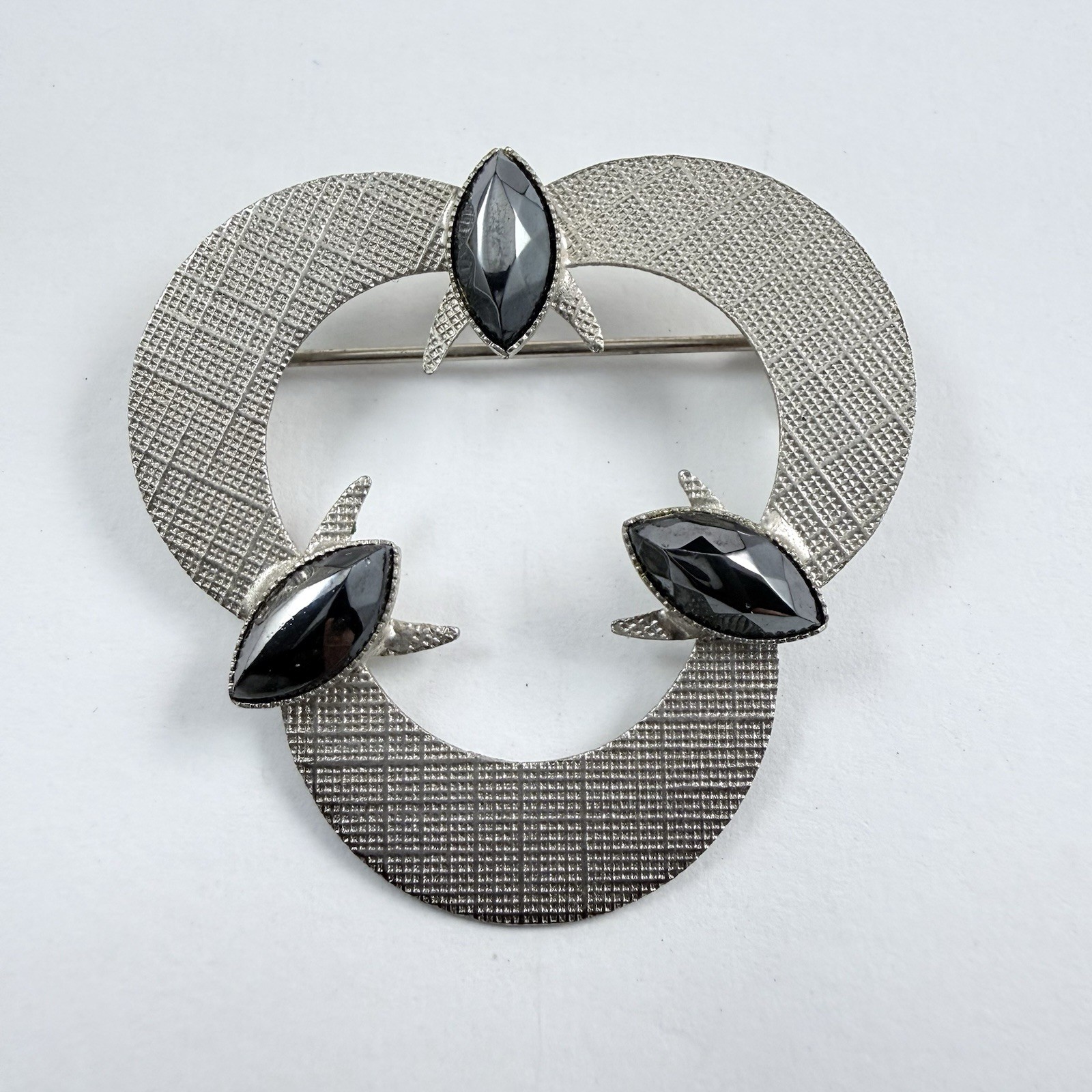 Vintage Black Hematite Brushed Silver Tone Brooch Pin