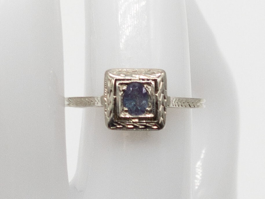 Antique 1920s $2000 .25ct Purple Green Alexandrite 14k White Gold Filigree Ring