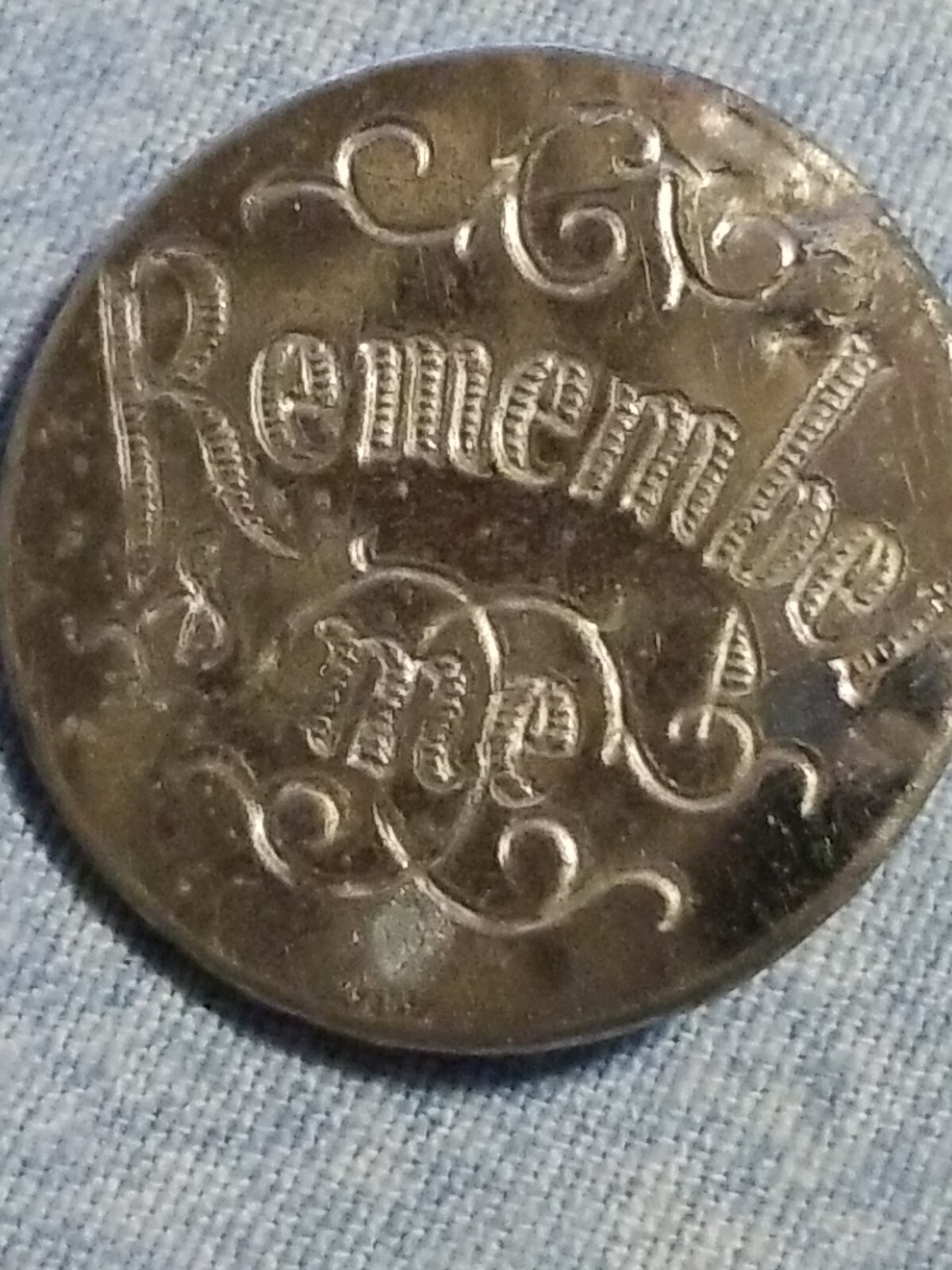 Late Victorian Era Forget Me Not Remember Me Scroll Letter Metal Pewter Pinback