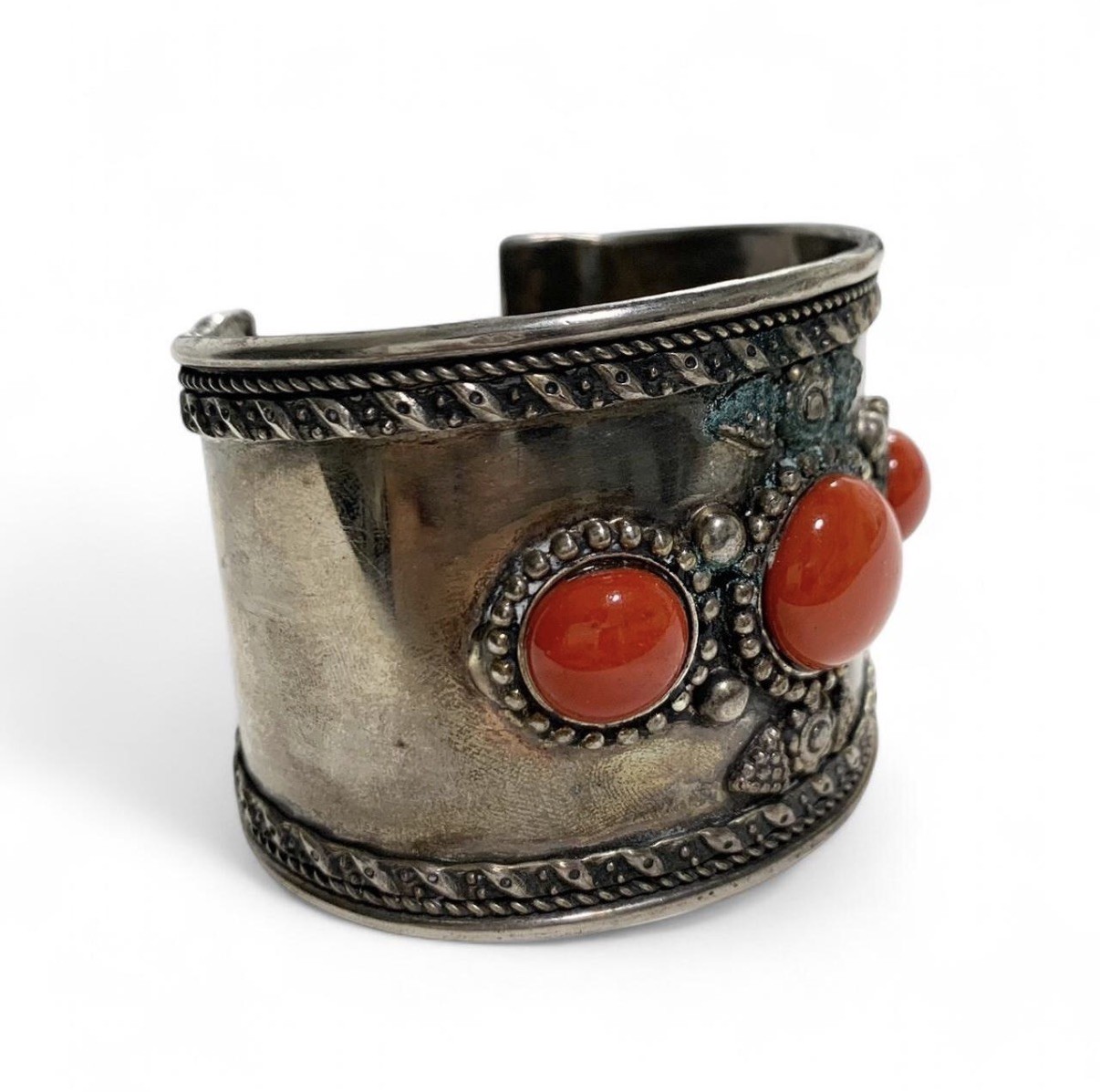 Vintage Silver Metal Cuff Bracelet with Carnelian Red Stones & Verdigris Patina