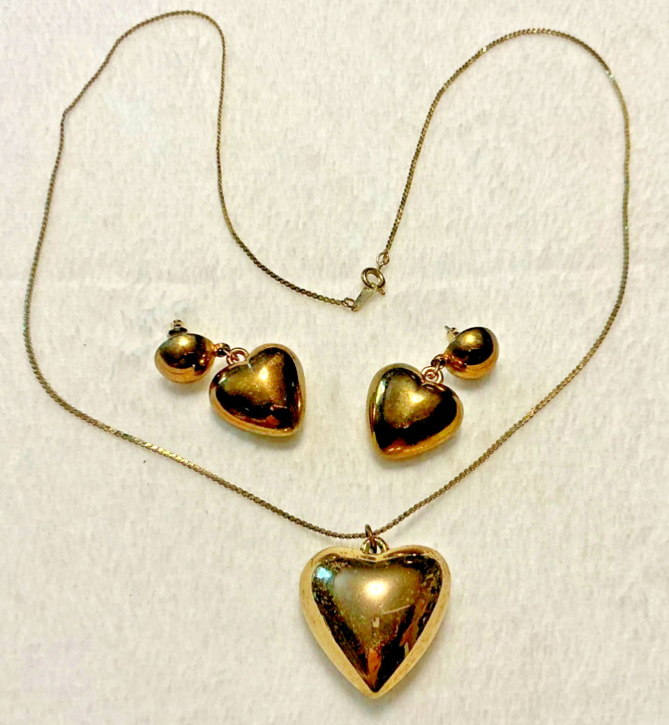 Vintage Gold Tone Puff Heart Earrings and Pendant with Chain