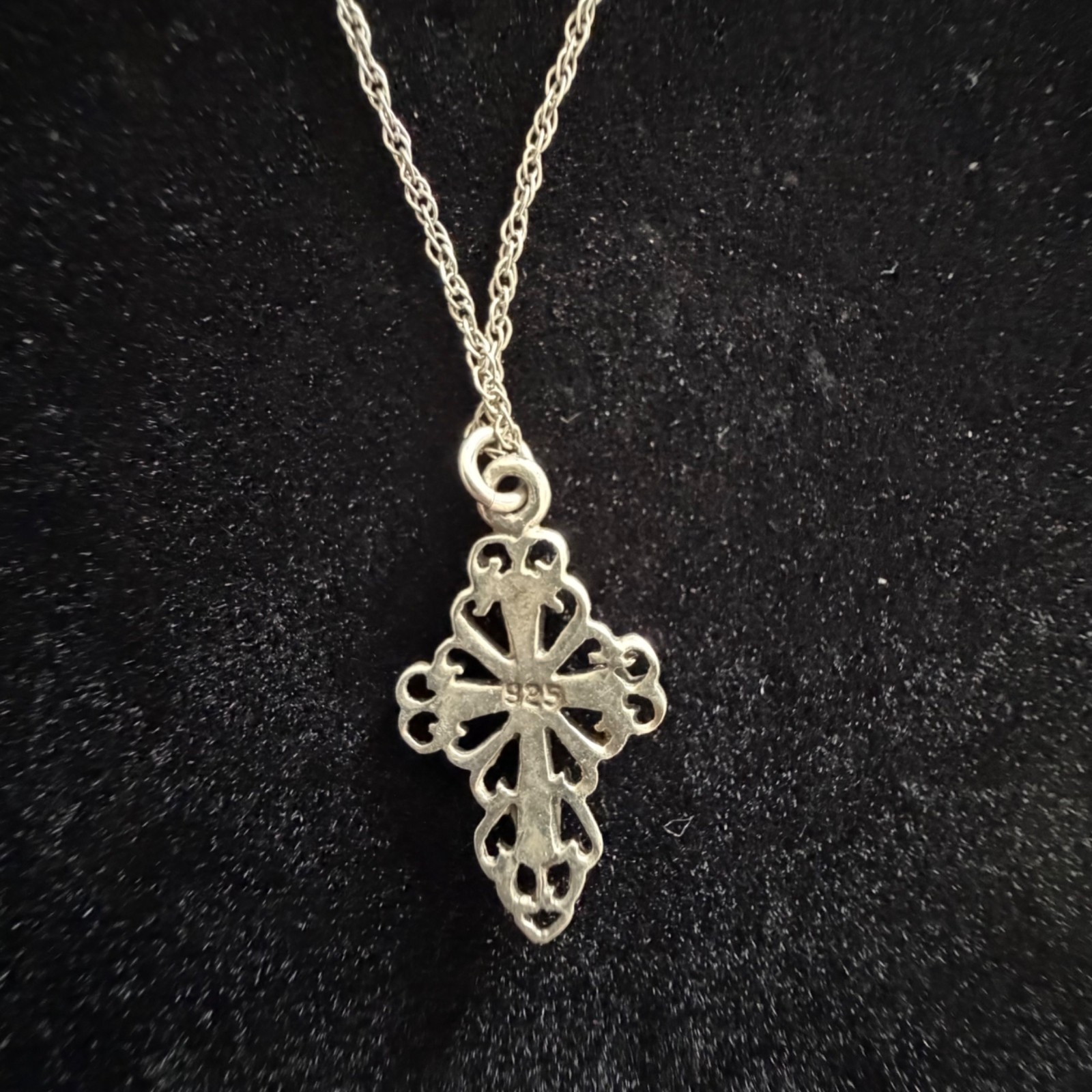 Vintage Sterling Silver Enamel Cross Pendant Necklace Filigree Multicolor 19″