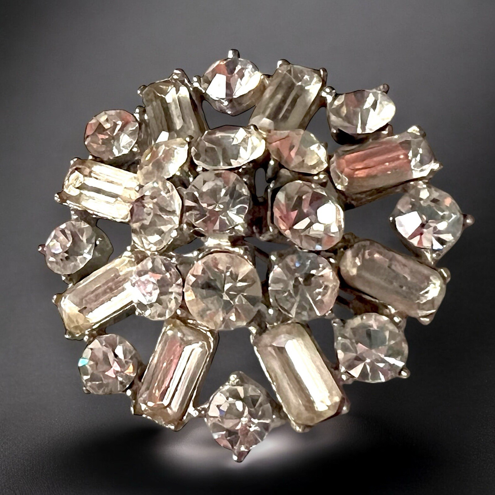 Large Starburst Rhinestone Brooch Vintage Atomic Domed Baguette Pin Vintage