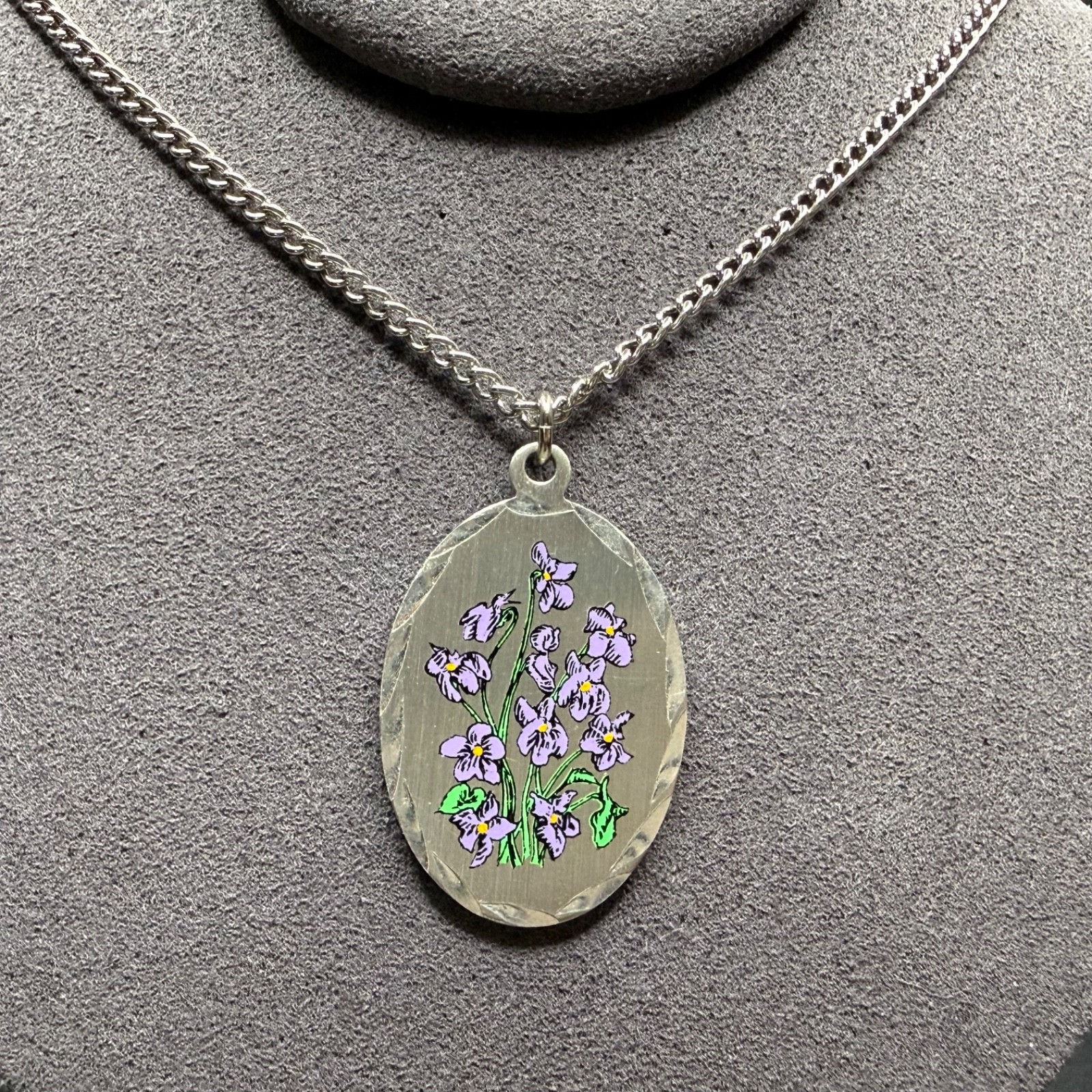 Vintage Genuine Pewter Hand Painted Violets Purple Floral Spray Pendant Necklace
