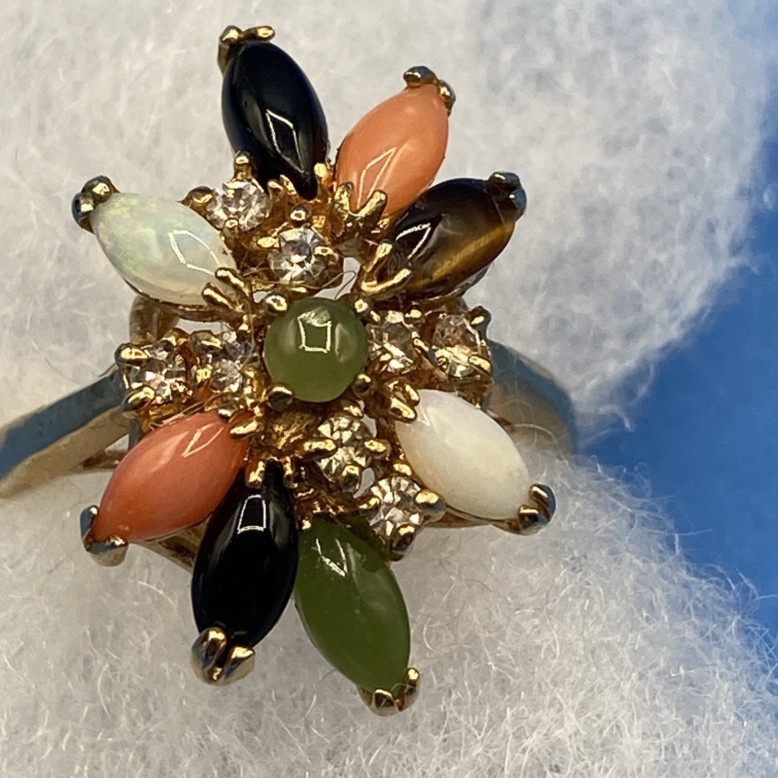 vintage RING sz 8 cluster natural stones opal coral onyx jade tigers eye GP