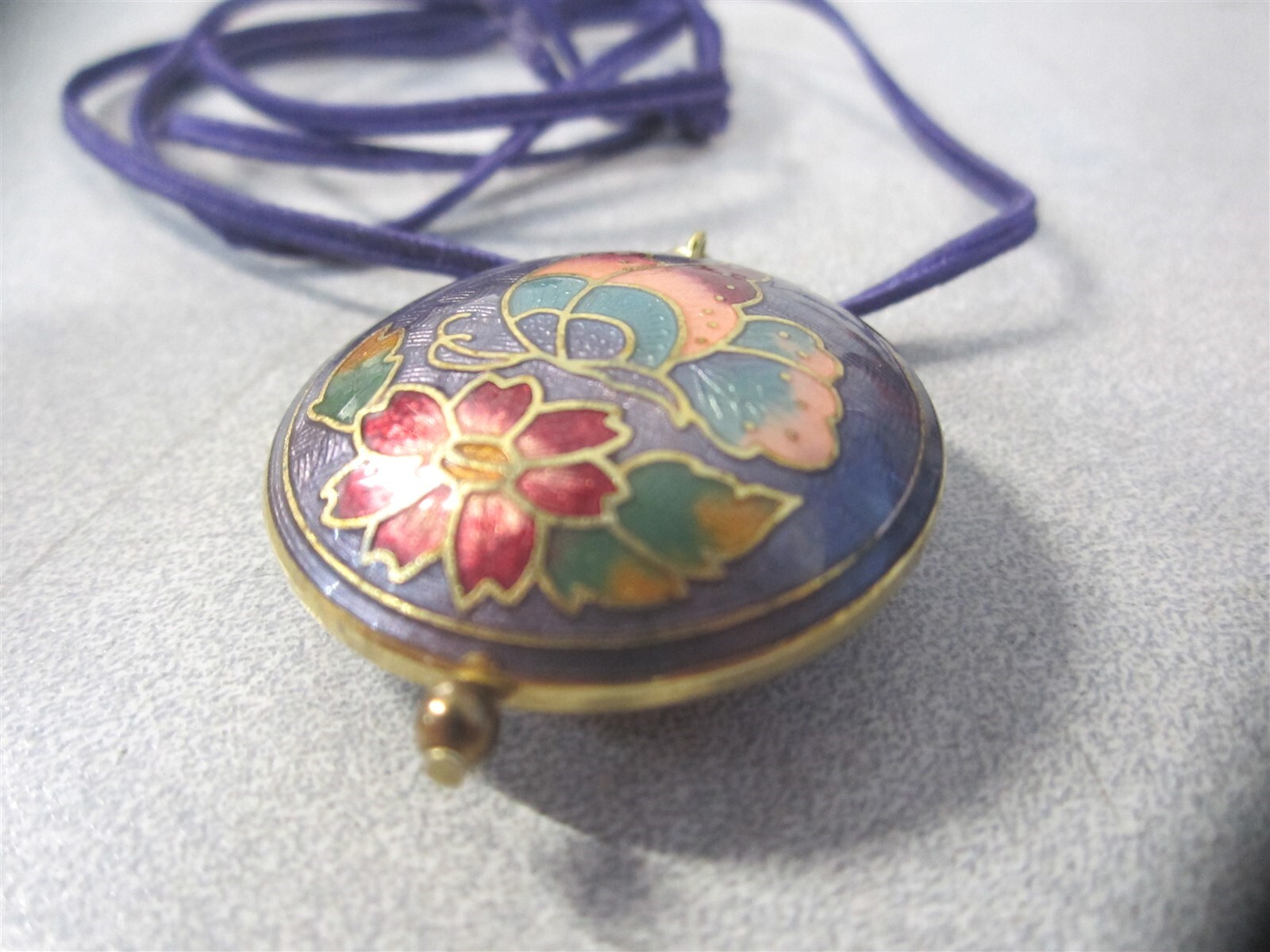 Vintage 1-1/2″ Cloisionne Pink/Red Butterfly w/ Purple Background Puffy Pendant