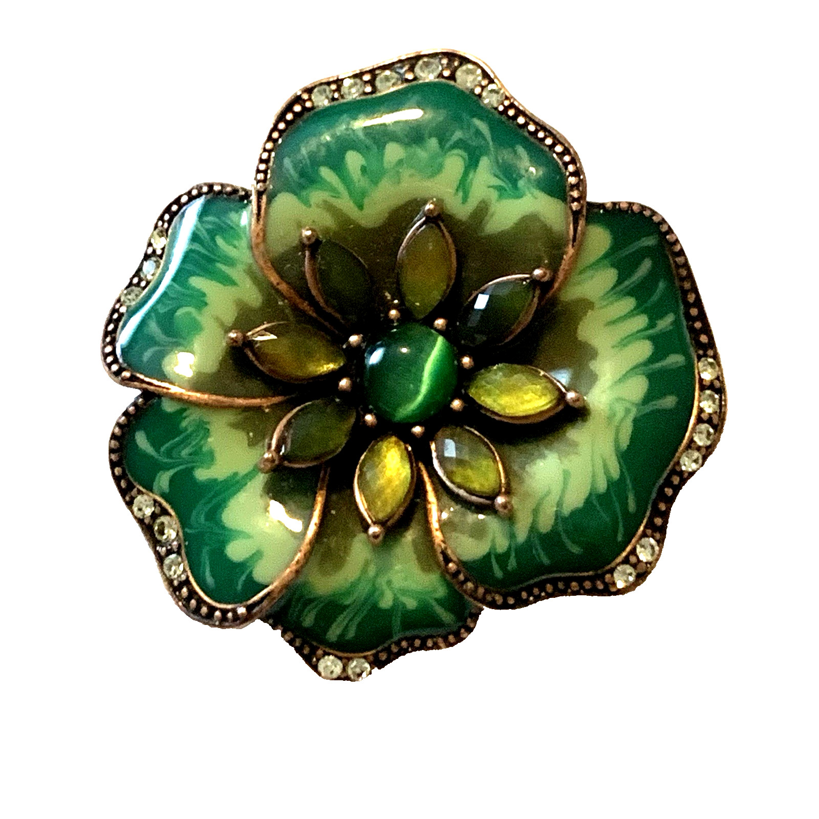 VTG Liz Claiborne Vibrant Brooch Green & Lime Enamel Pansy Cats Eye Flower Pin