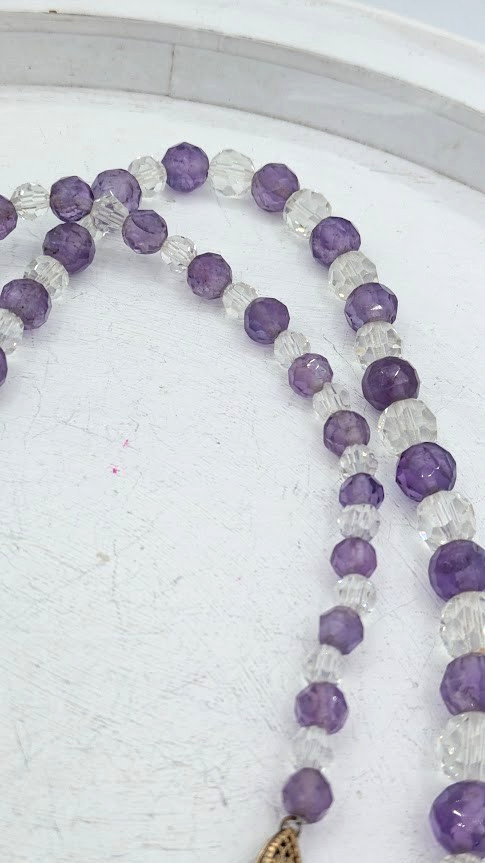 Vintage Amethyst Crystal Beaded Necklace Sterling Vermeil Clasp 32 Inch