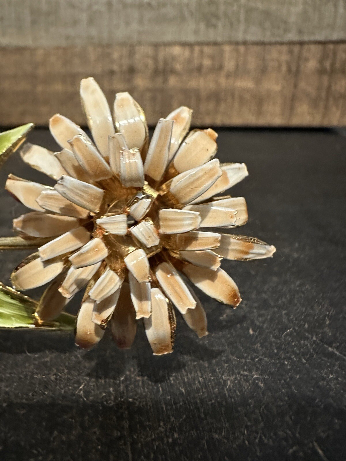 Enamel Green And Light Pink Flower Brooch Gold Tone